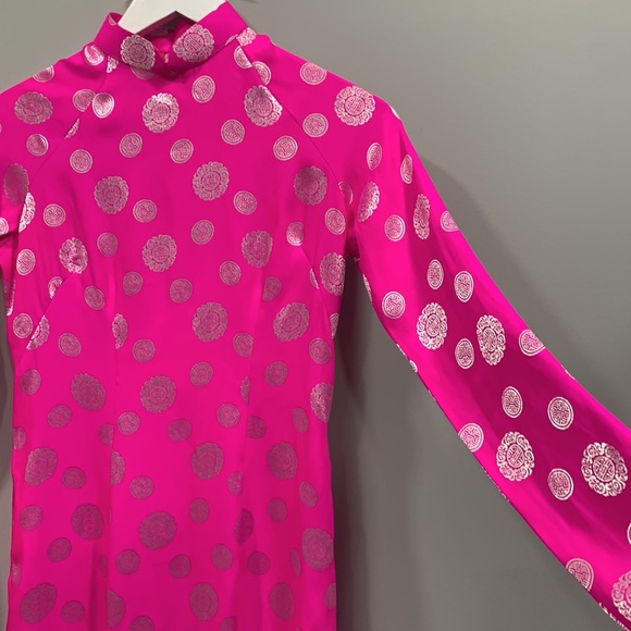 Vietnamese Ao Dai Fuchsia Women's High Collar Long Maxi Dress Size Small - Picture 5 of 11
